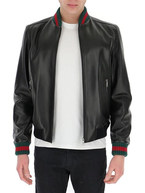 gucci men's black leather jacket logo